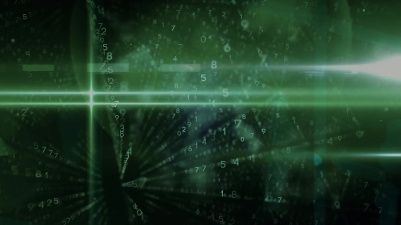 A digital animation of a green and black code design