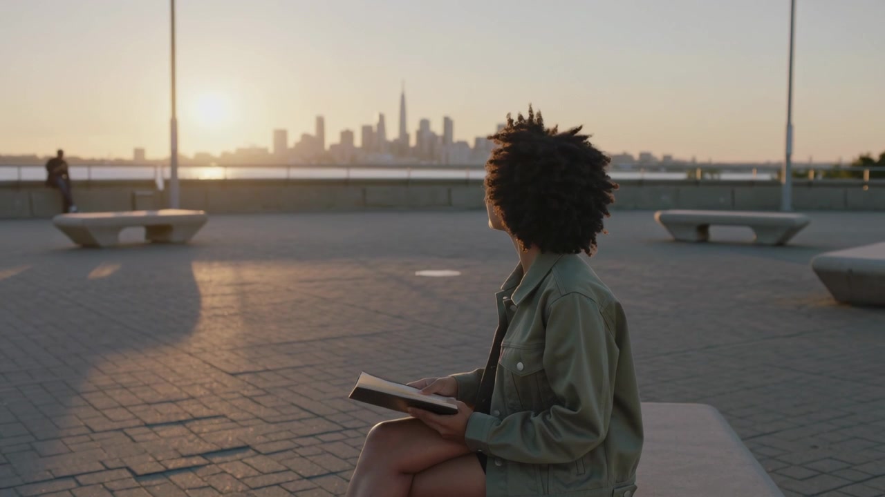 Reading woman light green jacket lifting head to sunset skyline closing book at plaza, copy space