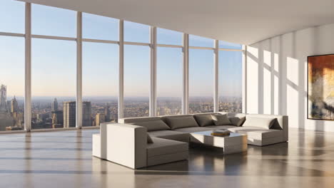 modern high-rise living room with panoramic city view
