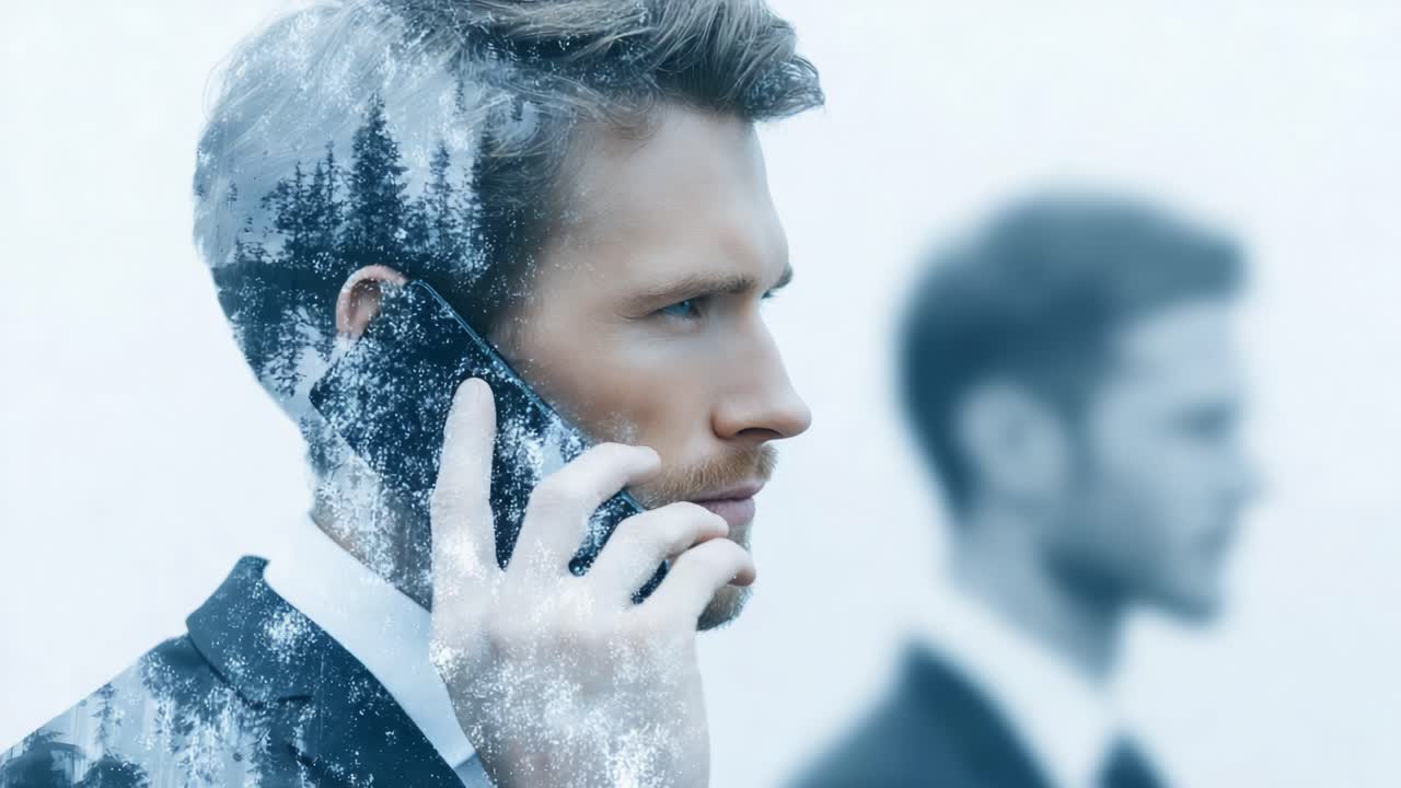 Un uomo in giacca e cravatta, assorto nei suoi pensieri e impegnato in una conversazione al telefono, con una sovrapposizione affascinante della natura che riflette i suoi pensieri e l'ambiente circostante, creando un'atmosfera onirica