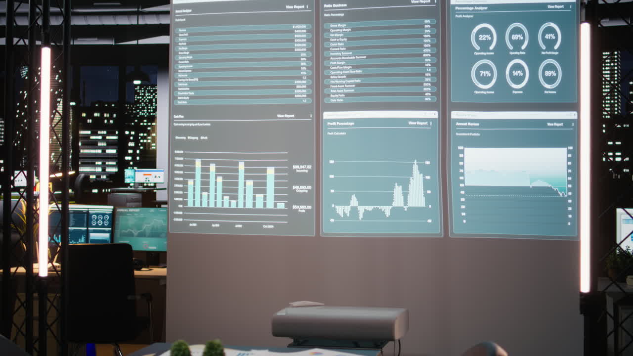 Empty boardroom in a multinational company glows with digital projections