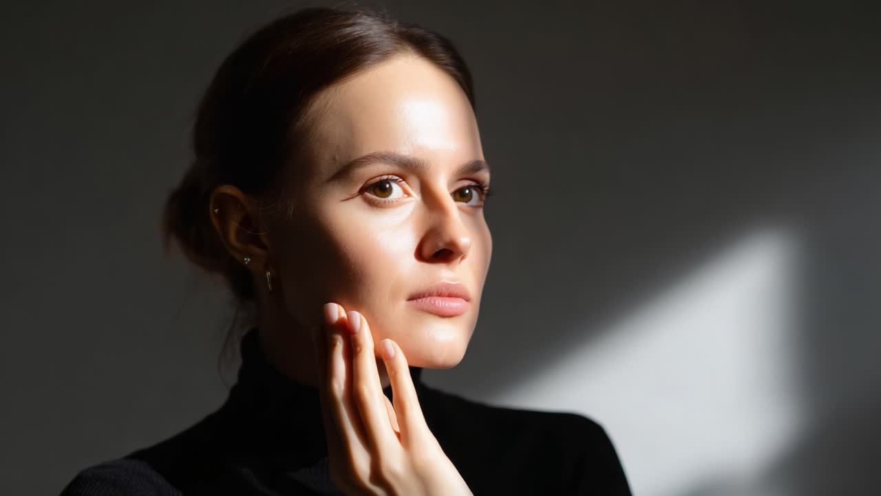 Captivating Portraits of a Serene Young Woman with Natural Beauty, Illuminated by Soft Light, Showcasing the Elegance of Minimalist Aesthetics and Graceful Expressions