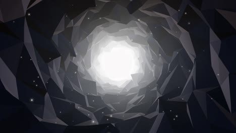 zoom through low poly cave tunnel with glowing light and dust particles abstract background. 3d rendered intro footage. animation of seamless loop.