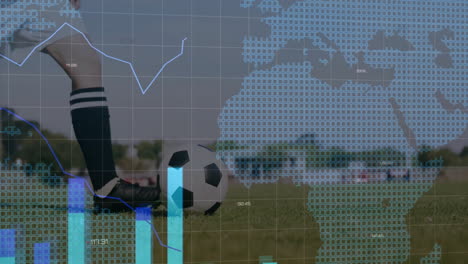 Soccer player running on field with world map and data overlay animation