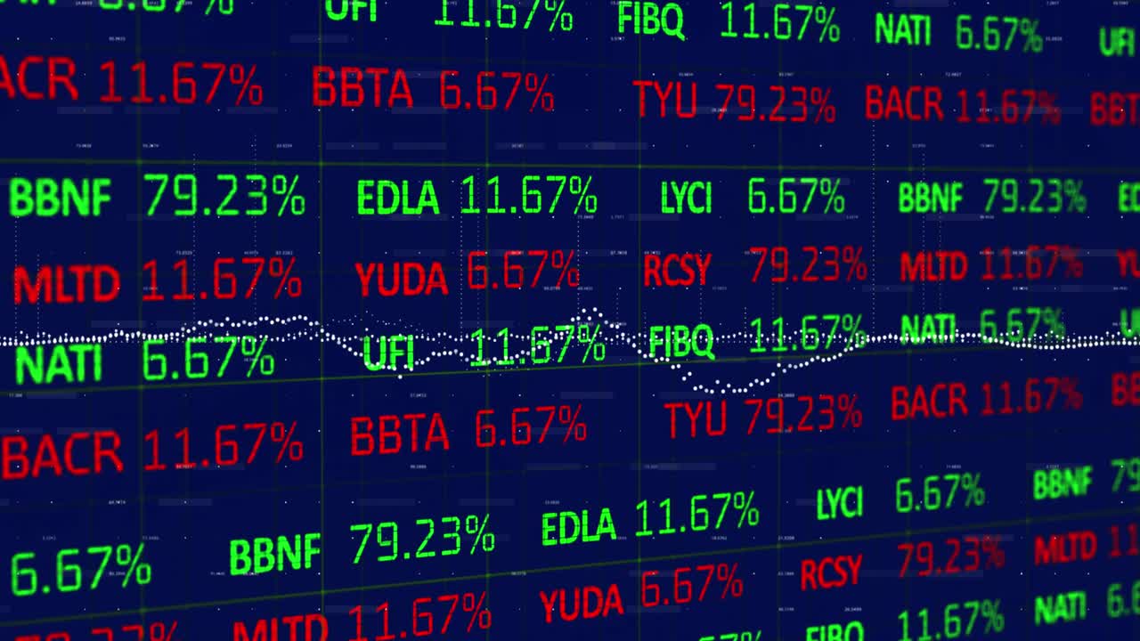 Animazione di un tabellone di trading e di punti che formano grafici che si muovono su uno sfondo blu