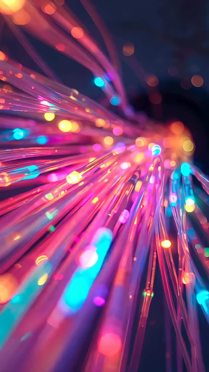 Lodret video: Panorering med kamera, der afslører fiberoptisk lysbundt i mørkt studie, der viser neonspidser