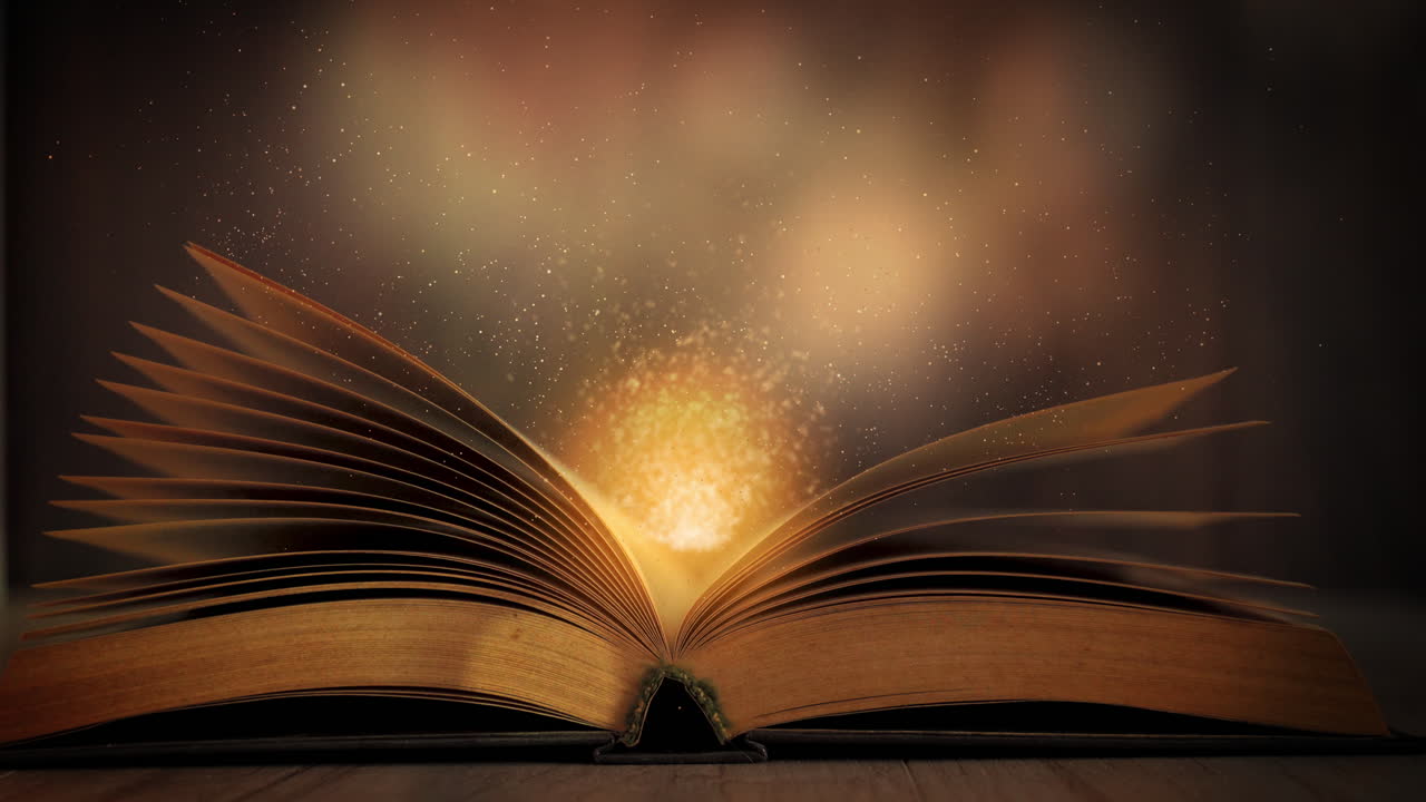 Open golden magic book with fairy tales or spells in dark room and bright light.