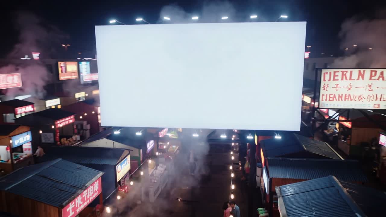Cámara haciendo un paneo revelando una gran valla publicitaria iluminada sobre un mercado nocturno, mostrando vendedores cocinando con delantales.