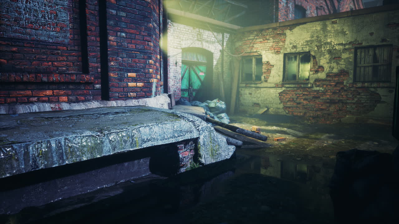 밤에 어두운 공장 창고 골목