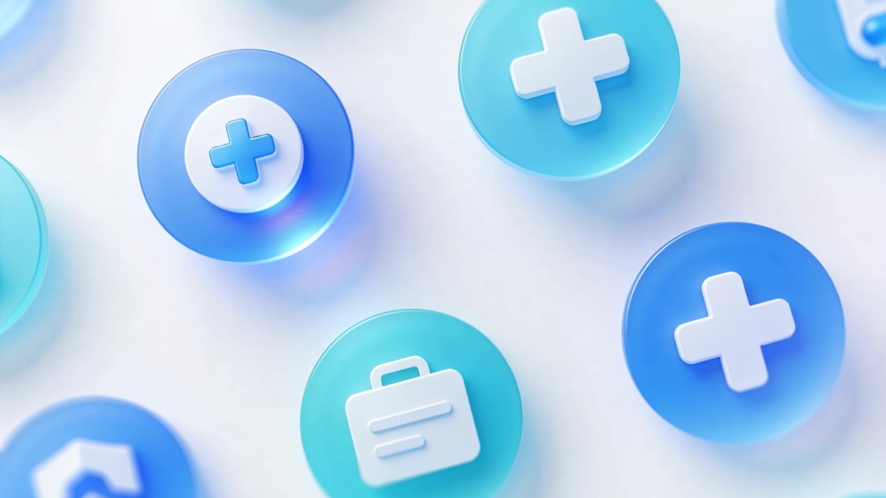 Panning teal-blue 3D icons with view shifting down-right on white surface showing plus kit symbols