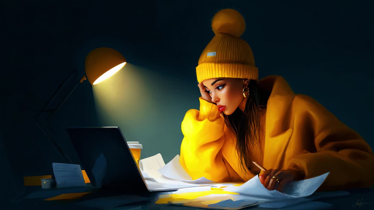 A young woman immersed in study, wearing a vibrant yellow beanie and matching coat, surrounded by scattered papers at a dimly lit desk, with a warm lamp illuminating her focused expression