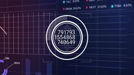 animation of round scanner over stock market and statistical data processing against blue background