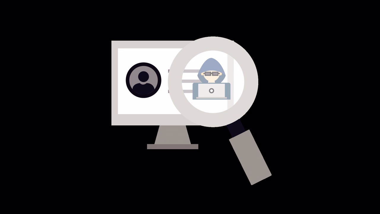 Animated Hacker Magnifying User Profile on Computer Screen
