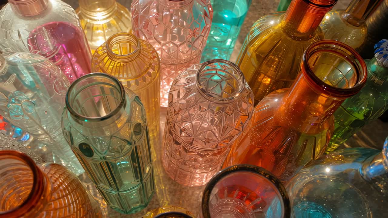 Shot starting camera tilting and panning over glass bottles on table, revealing shifting highlights