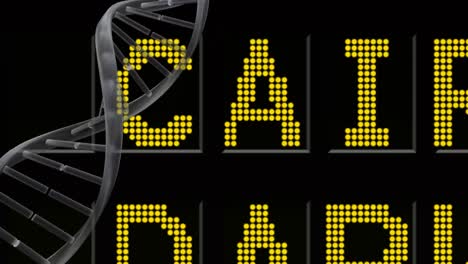 animación digital de la estructura del adn girando contra el tablero de información del aeropuerto