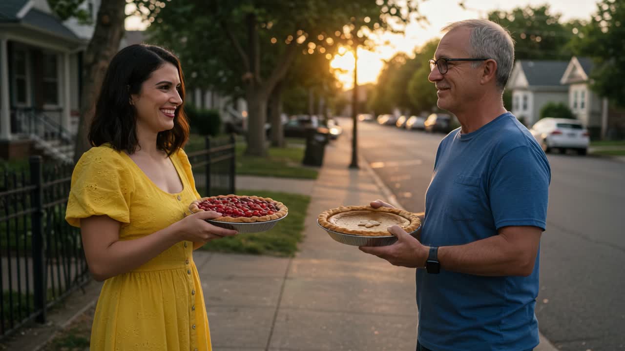 Two smiling neighbors exchange homemade pies on a suburban street at sunset