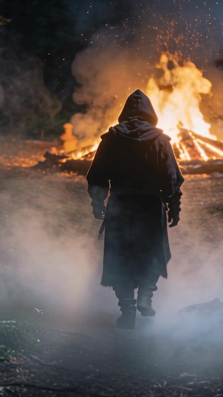 Video verticale: Figura incappucciata che cammina e si avvicina a un falò in una radura nel bosco, con le fiamme che illuminano il mantello.