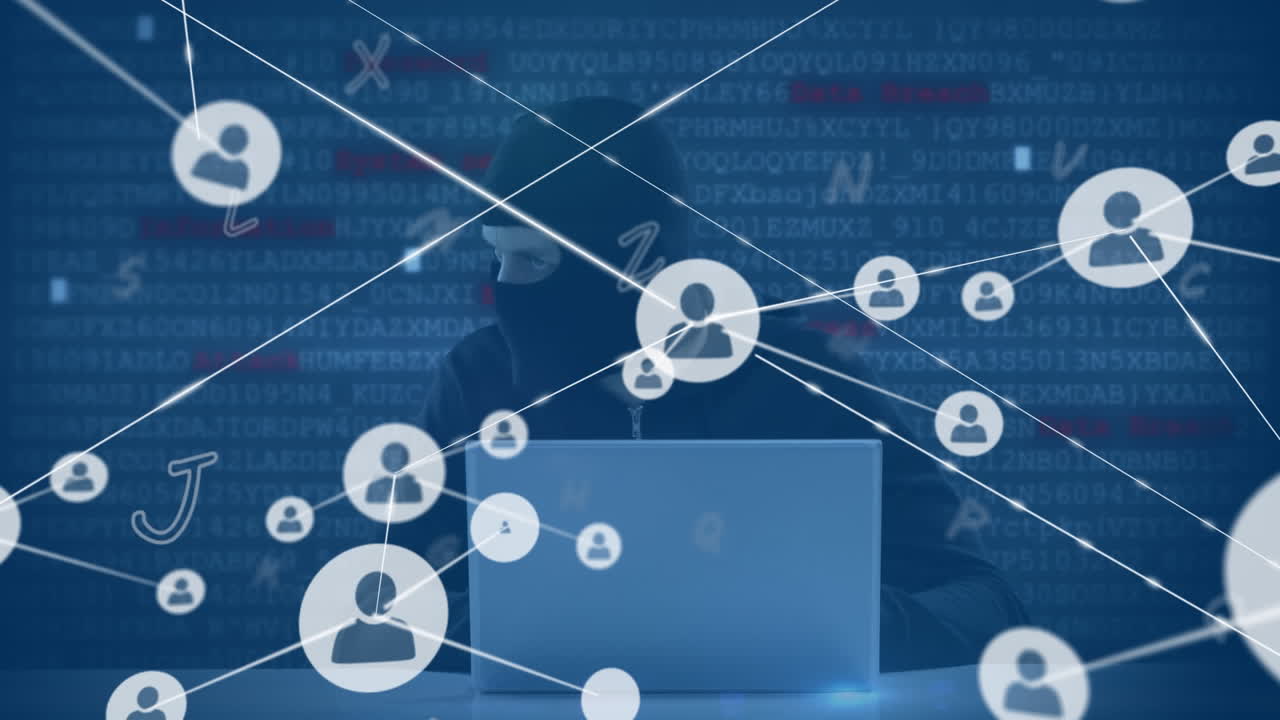 Animation of network of connections over hacker using computer