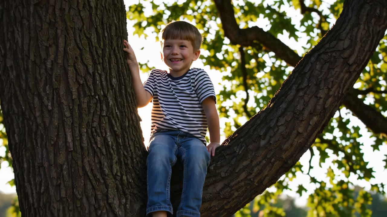 Happy Boy Sits in a Tree in a Sunny Park