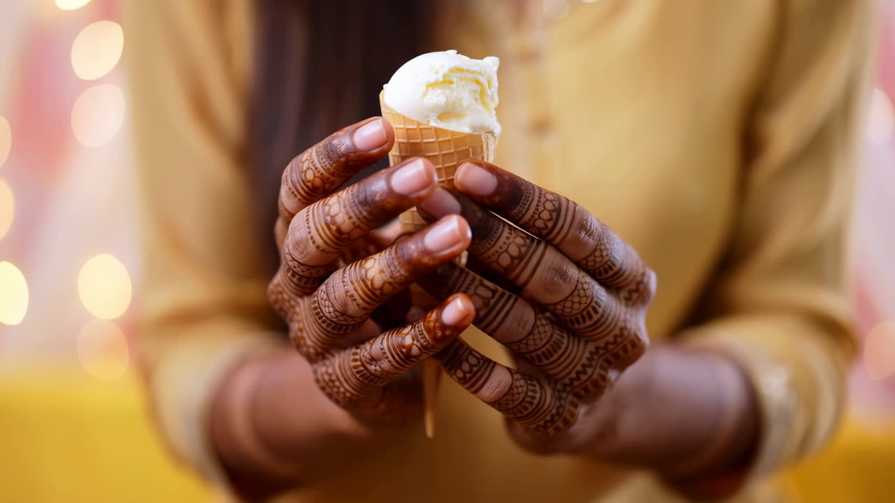 South Asian Woman Holds Ice Cream, Hennadecorated Hands Closeup, Golden Kurta With Warm Bokeh Lights Creating