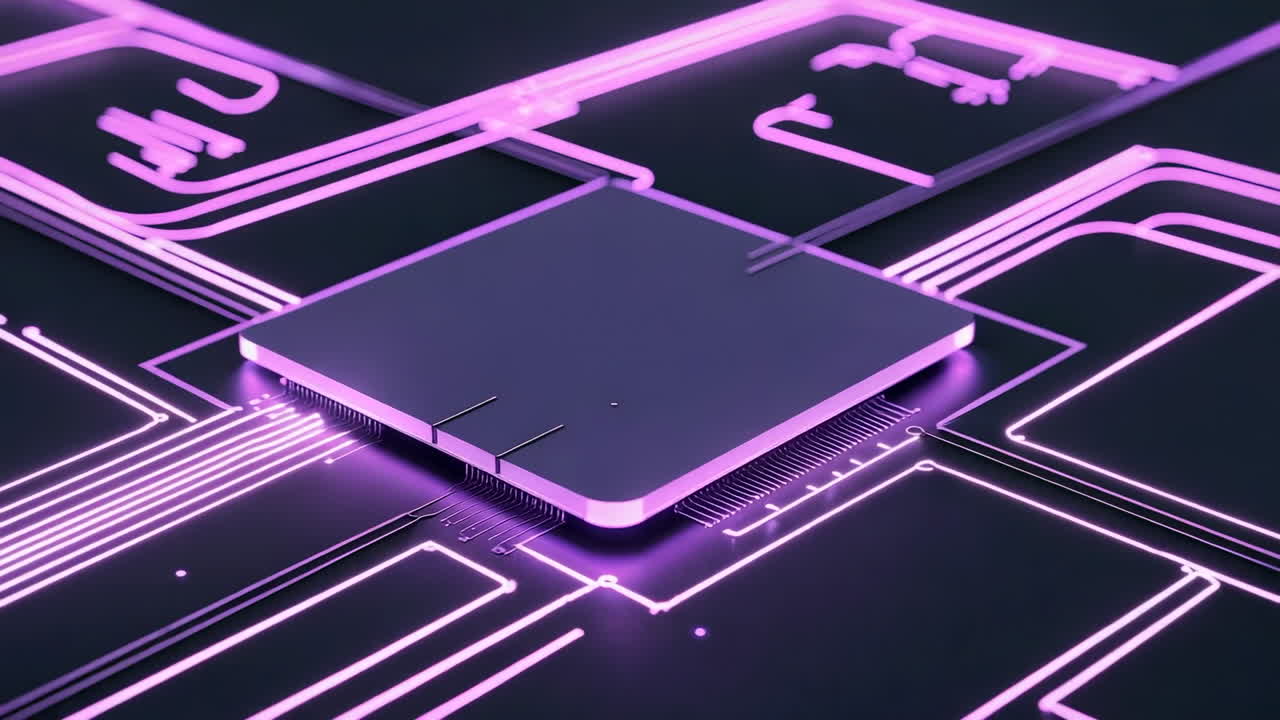 Abstract Purple Microchip on Circuit Board