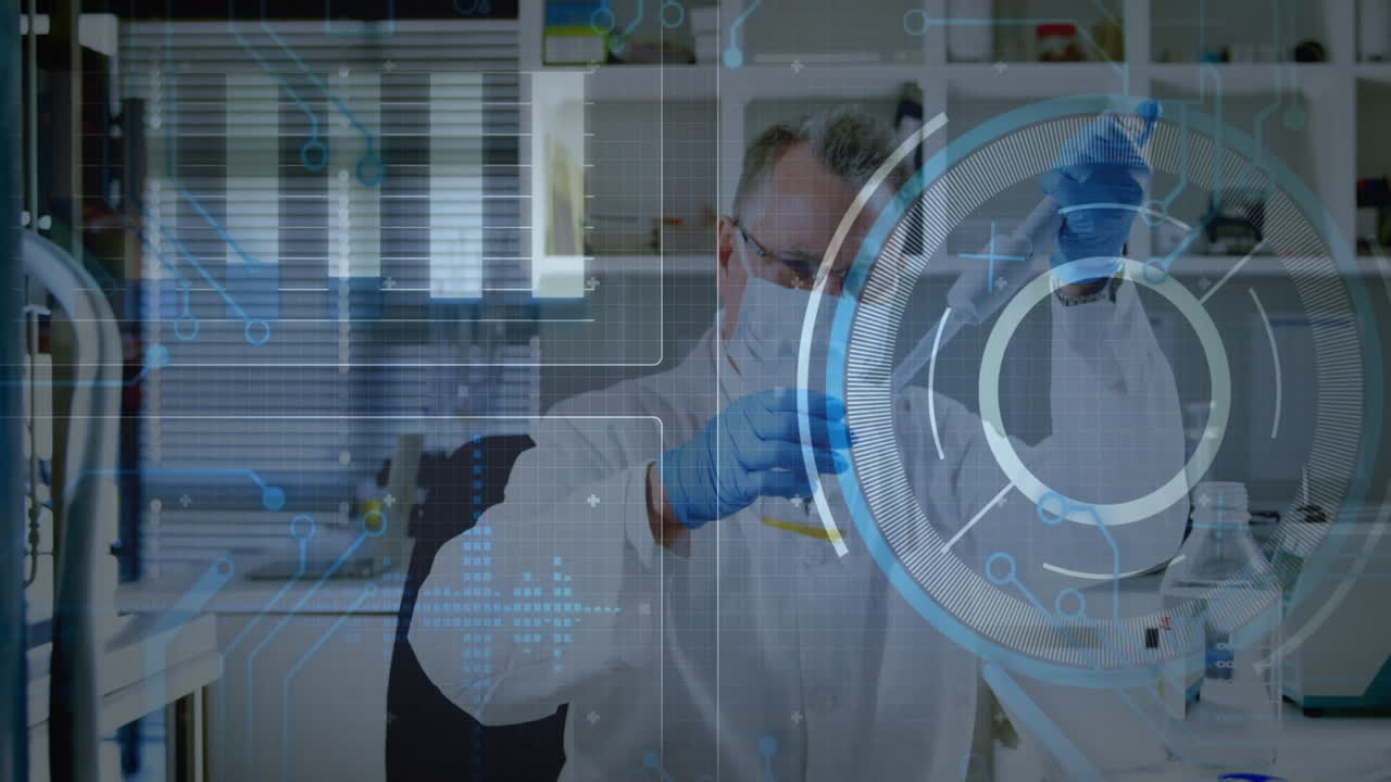 In laboratory, scientist interacting with futuristic animation on digital interface