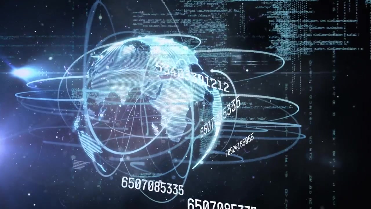 Animation of number, data processing and globe in black space
