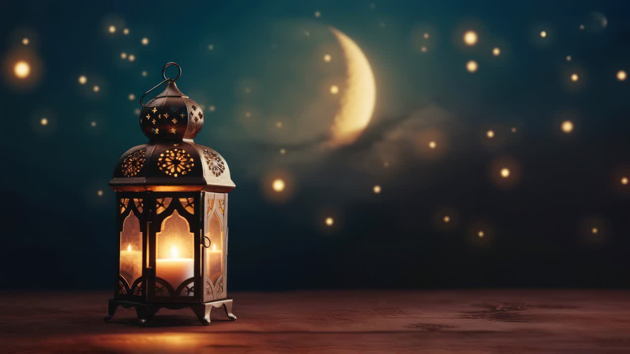 A low-angle shot of a lit lantern against a starry night sky with a crescent moon