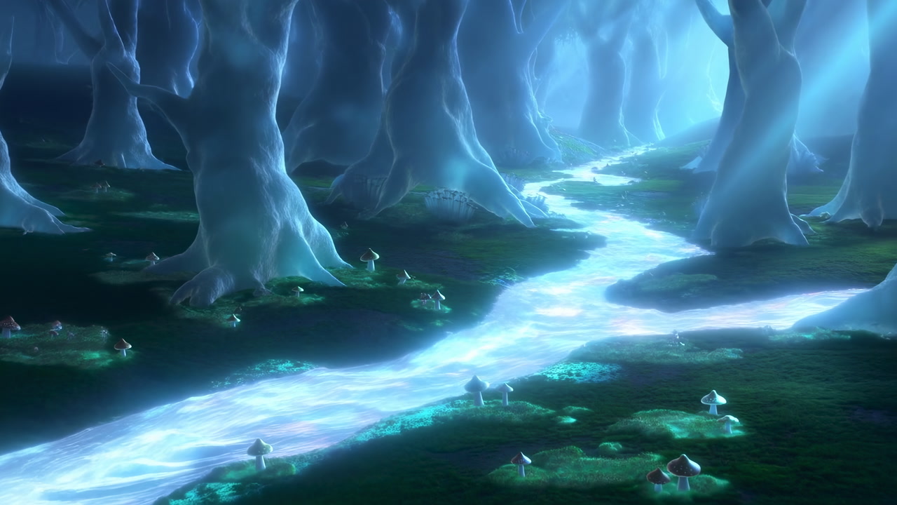 Bioluminescent Forest With Glowing River, Towering Blue Tree Trunks, Soft Mist And Light Rays, Luminescent