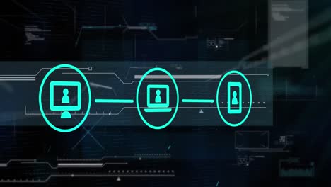 animation of network of digital icons over interface with data processing against black background