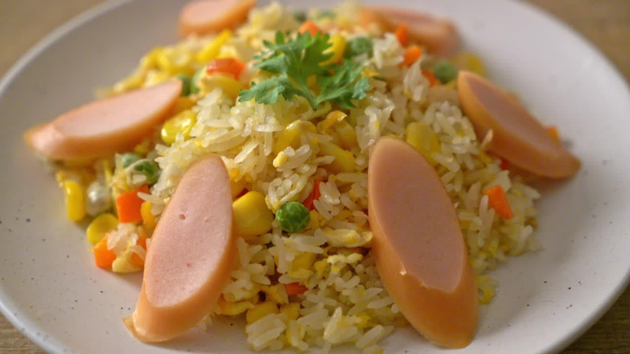 arroz frito con salchichas y verduras mezcladas