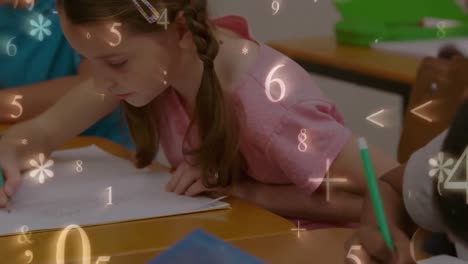 schoolchildren writing while numbers and symbols move