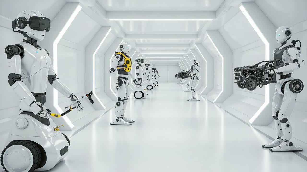 A Futuristic Display of Advanced Robots in a Sleek, Modern Corridor, Showcasing Robotics Technology and Innovation in a Clean, White Environment