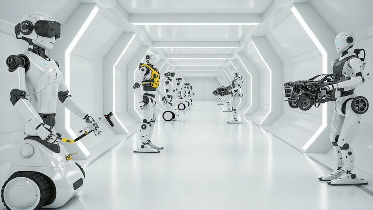 A Futuristic Display of Advanced Robots in a Sleek, Modern Corridor, Showcasing Robotics Technology and Innovation in a Clean, White Environment