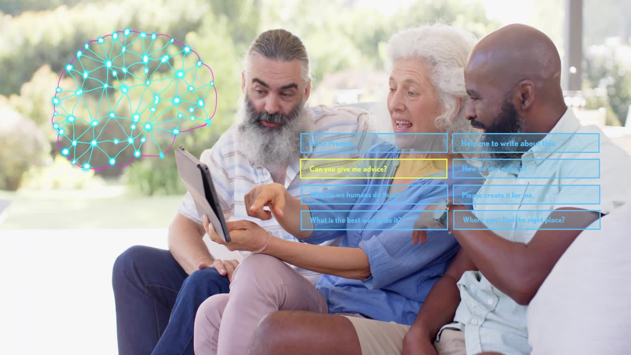 Woman tapping tablet two men leaning and pointing AI head overlay showing yellow prompts to choose