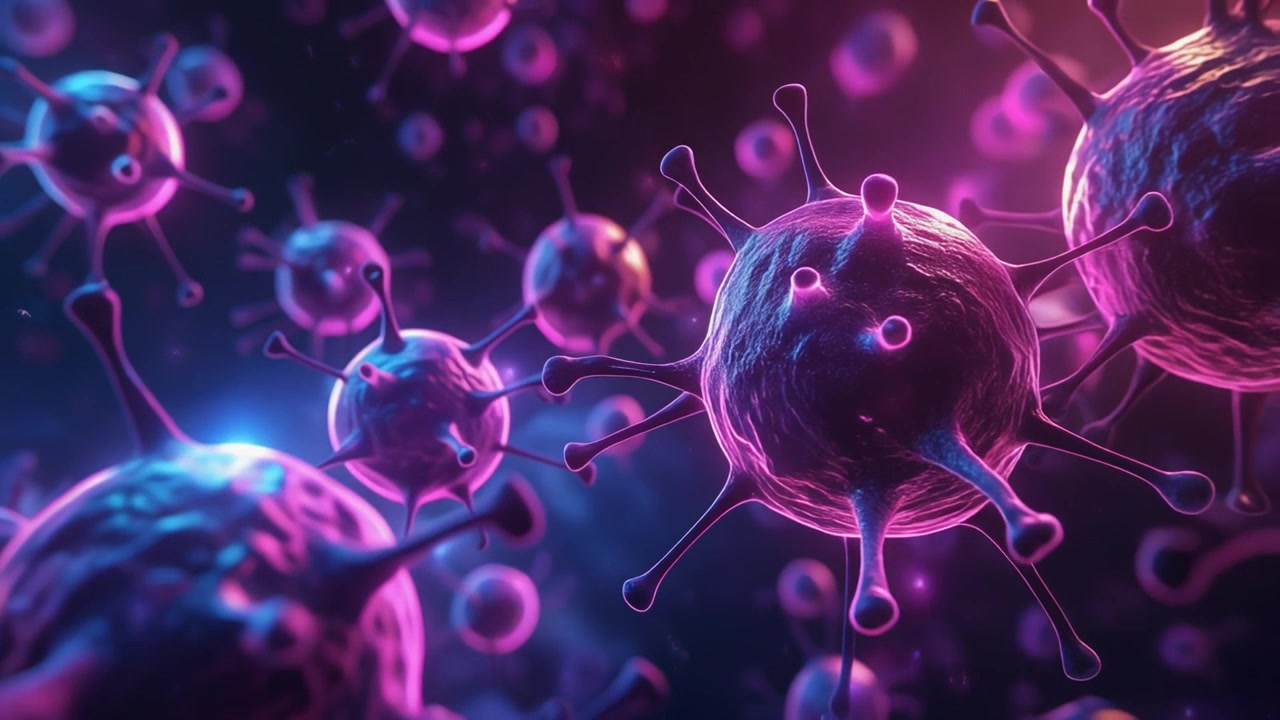 Vista microscopica di cellule di Coronavirus fluttuanti nello spazio scuro