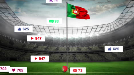 portuguese flag flying above green pitch while social media icons floating around stadium in 3d