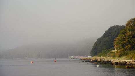 peaceful morning at a lake with fog on the water and green trees on the shore in scandinavia at fjord