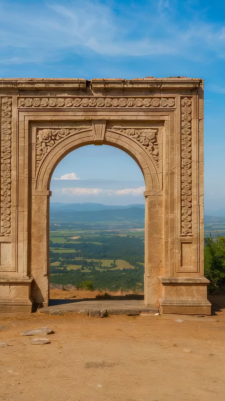 Video verticale: inquadratura con carrellata che mostra un arco in pietra decorato sopra la valle, rivelando un pilastro scolpito