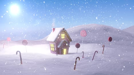 Animation-of-christmas-cottage-in-winter-landscape-with-candy-canes,-lollipops,-sun-and-falling-snow