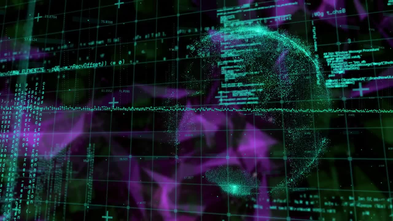 Animation of data processing and shapes with globe on black background