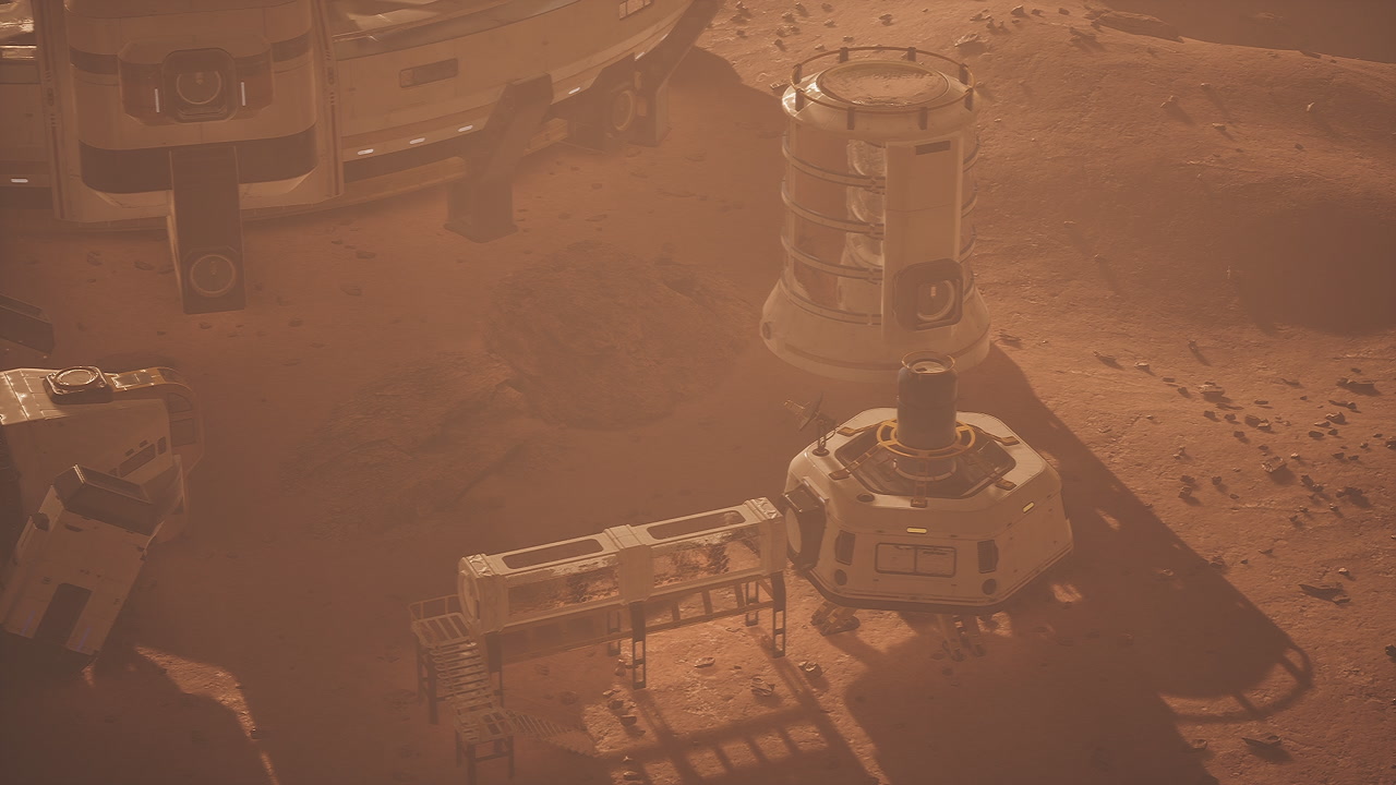 Mars colony habitat under martian sky with structures and equipment