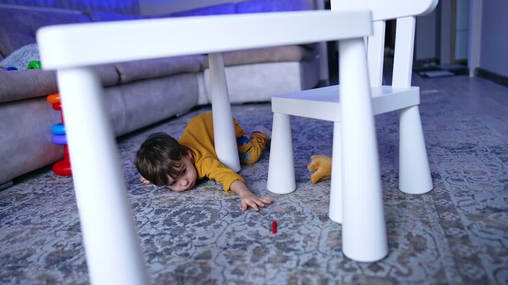 Small kid lies on the floor near his desk. Toddler tries to get the cap from a felt pen. Boy stands up and walks to the seat.