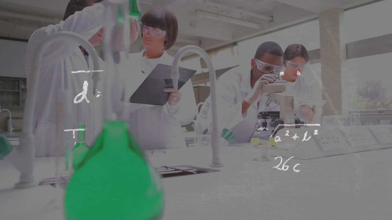 Camera pulling focus causing math overlay over lab while teacher gesturing to flask students noting