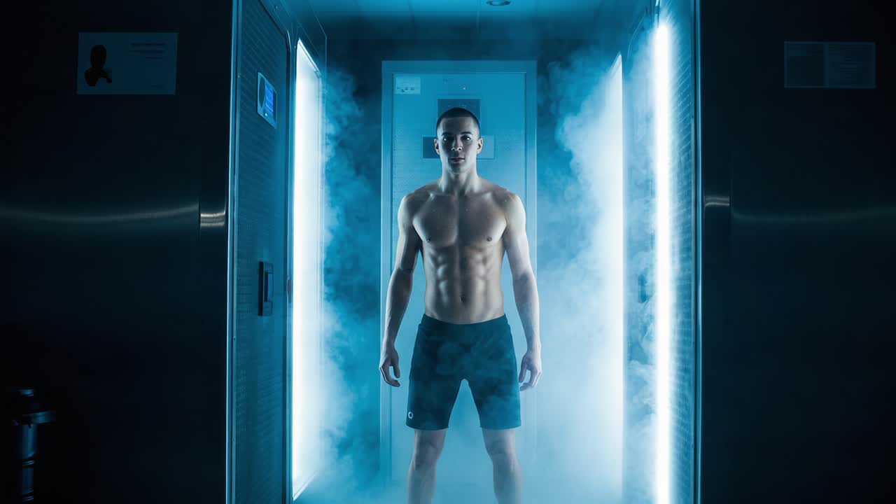Una trasformazione potente: una persona emerge da una nebbia eterea all'interno di una camera futuristica, mostrando forza e determinazione su uno sfondo di luci brillanti