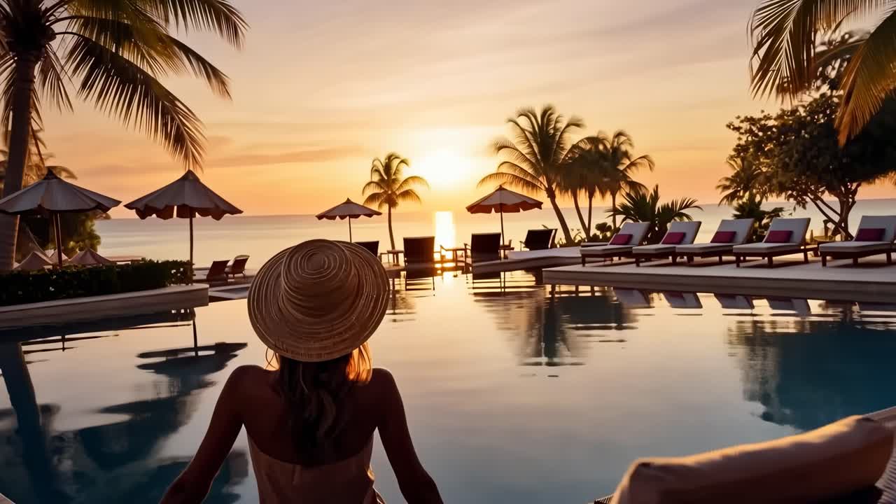 A serene sunset video from a low angle, capturing a tranquil poolside view with palm trees