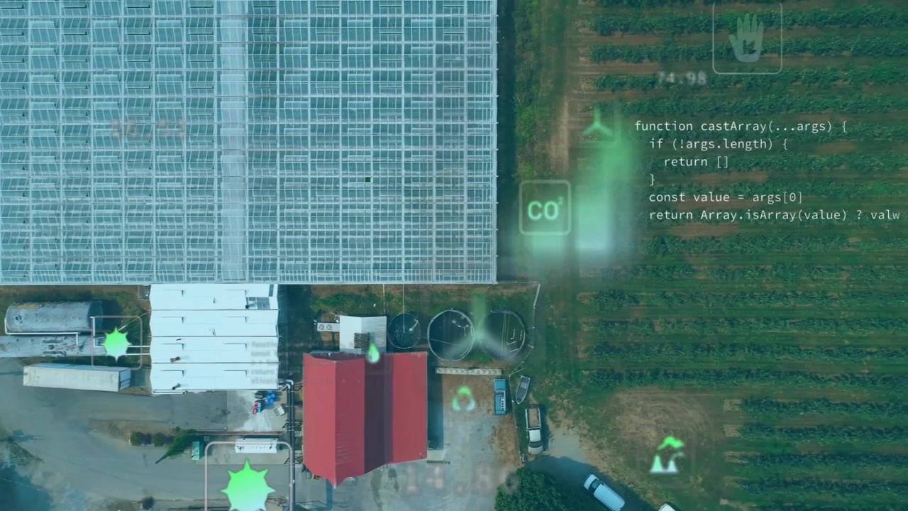 Drone showing greenhouse icons appearing visualizing farm metrics sliding site revealing crop rows