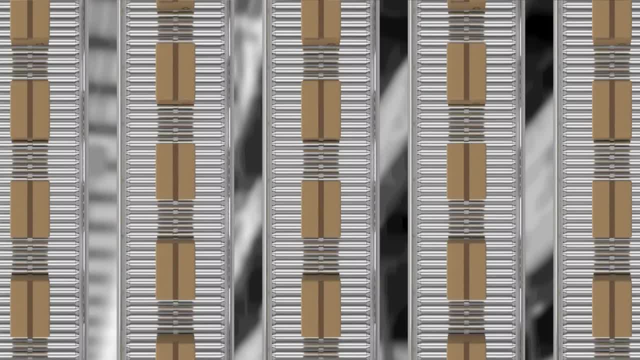 анимация картонных коробок, движущихся на конвейерных лентах на складе