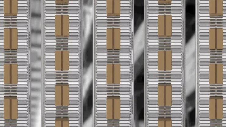 Animation of cardboard boxes moving on conveyor belts in warehouse
