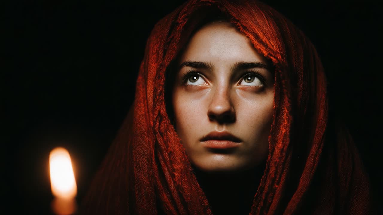 A contemplative gaze illuminated by candlelight, capturing the essence of introspection and depth in a moment wrapped in a rich red shawl, evoking emotions and mystique
